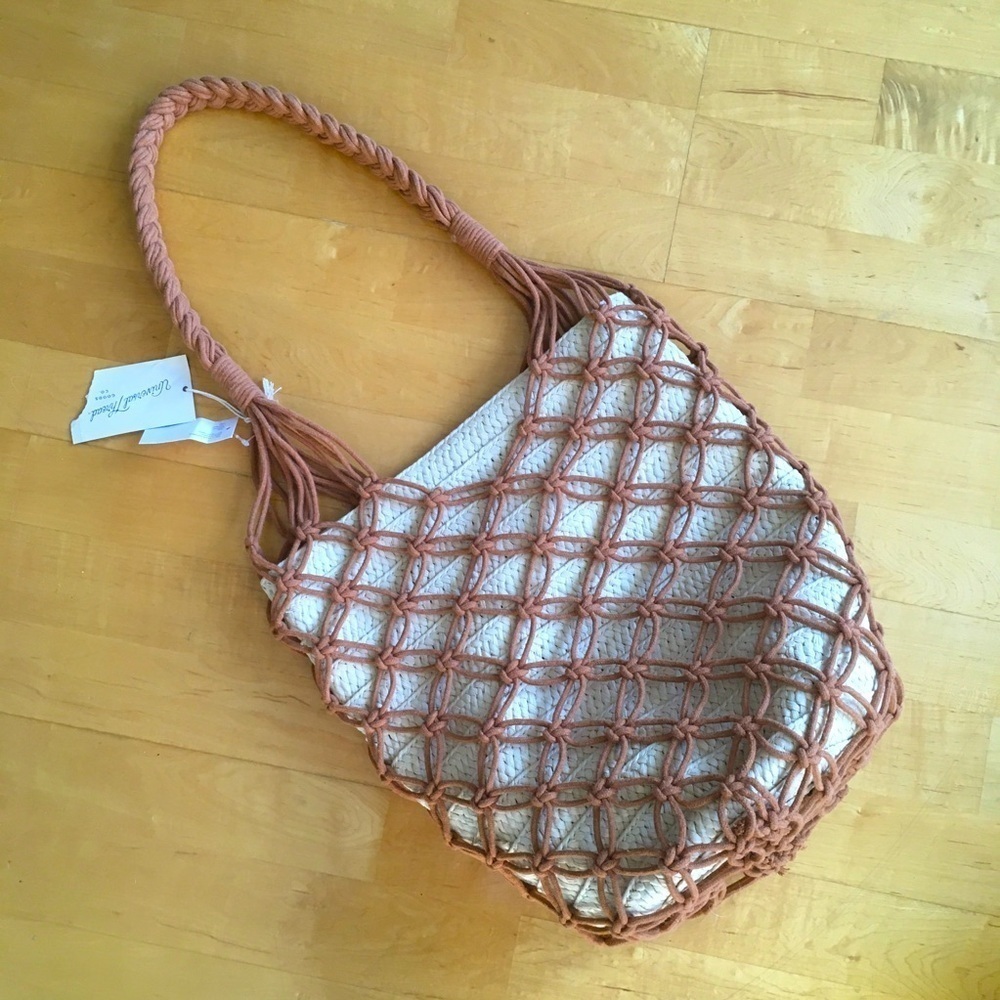 Universal Thread Macrame Mesh Layered Straw Tote Bucket Bag, Cream, Tan